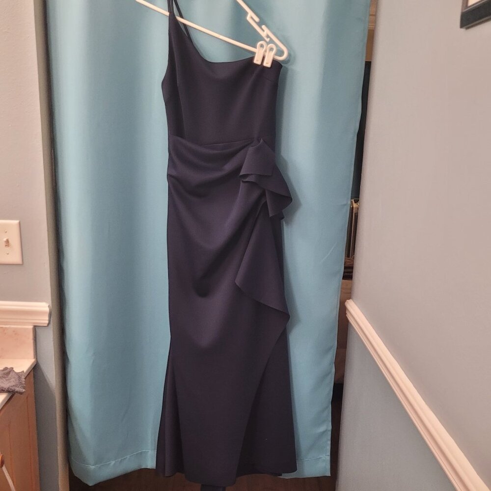 XSCAPE One-Shoulder Navy Blue Ruffle Gown – Size 10P - EUC